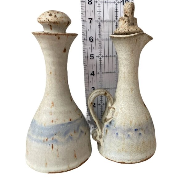 Handmade Stoneware Oil & Vinegar Cruet Set Rustic Pottery Ceramic Kitchen Decor - Picture 2 of 8